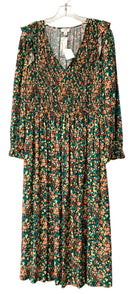 J CREW Green/Red/Yellow Smocked Bodice V-Neck L/S Dress