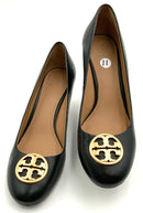 TORY BURCH Black Leather Logo Round Toe Wedge Pumps 11