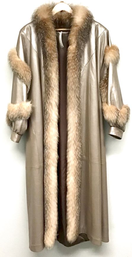 Taupe Metallic Leather Fox Fur Tuxedo Trim Balloon Sleeve F/L Coat.