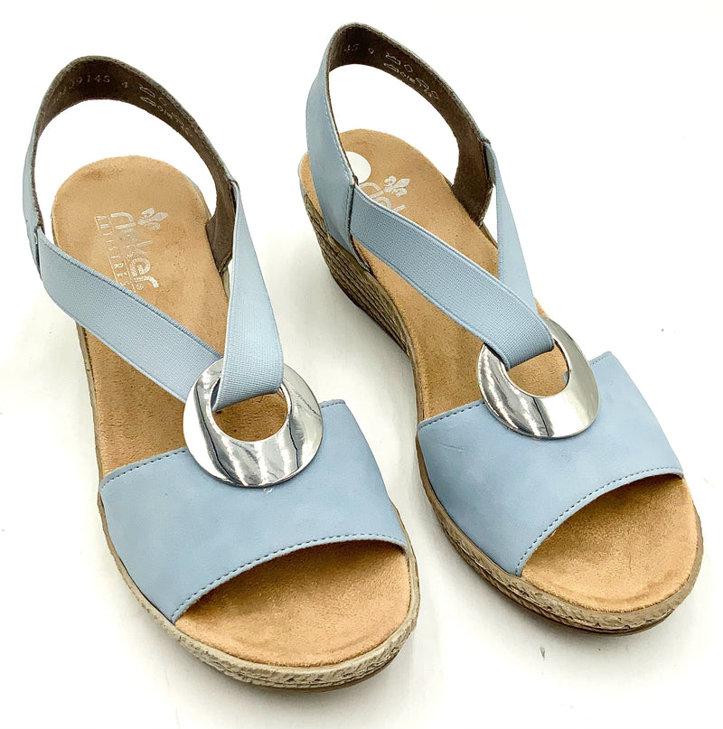 RIEKER Blue Suede Elastic Espadrille Wedge Sandals 37