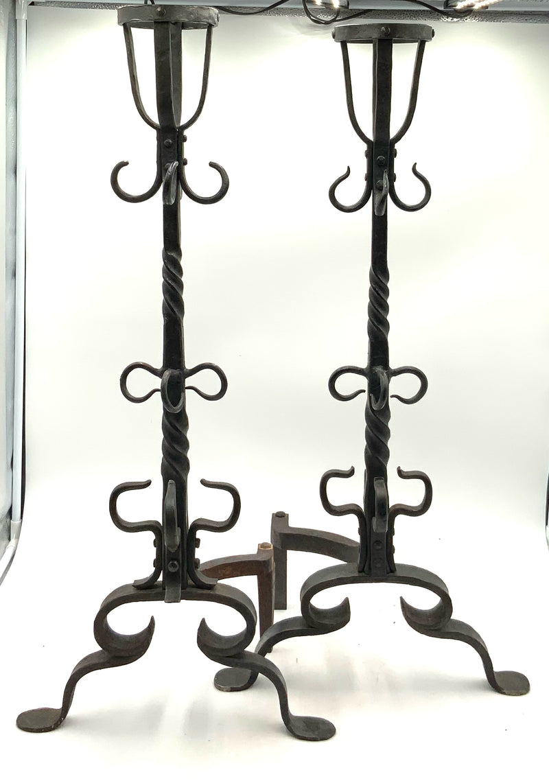 Pair of Antique Black Andirons with Port Warmers & Hooks