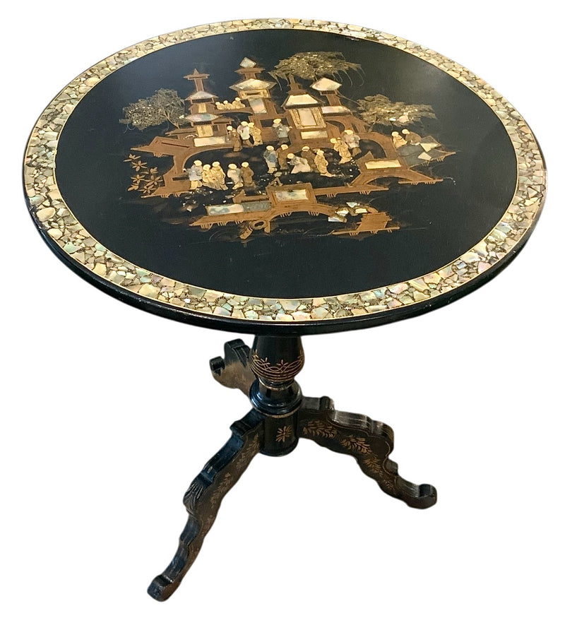 Vintage Black Lacquer Tilt Top Table with Mother of Pearl Inlay