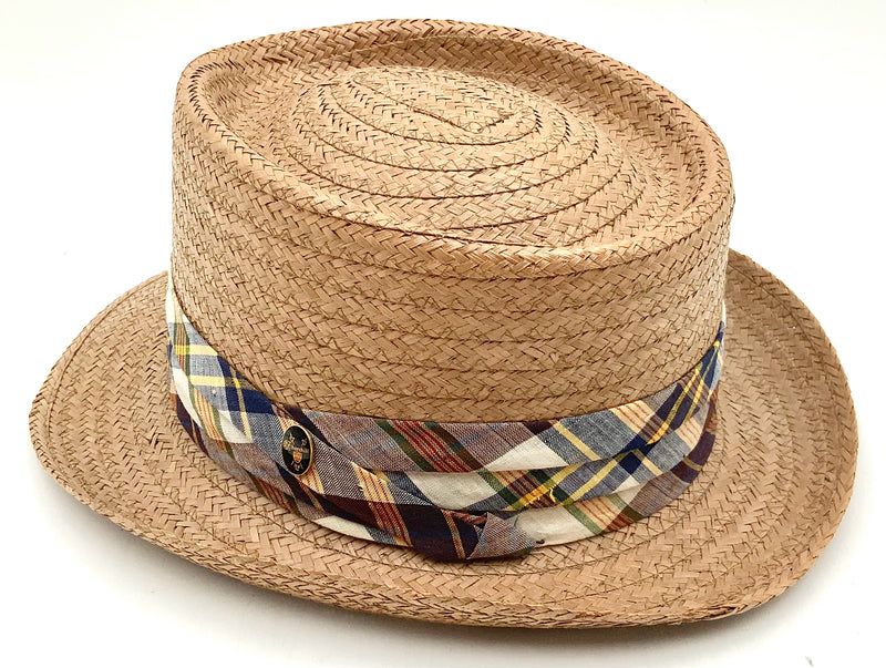 CHURCHILL LTD Vintage Tan Straw Fedora w/ Plaid Band