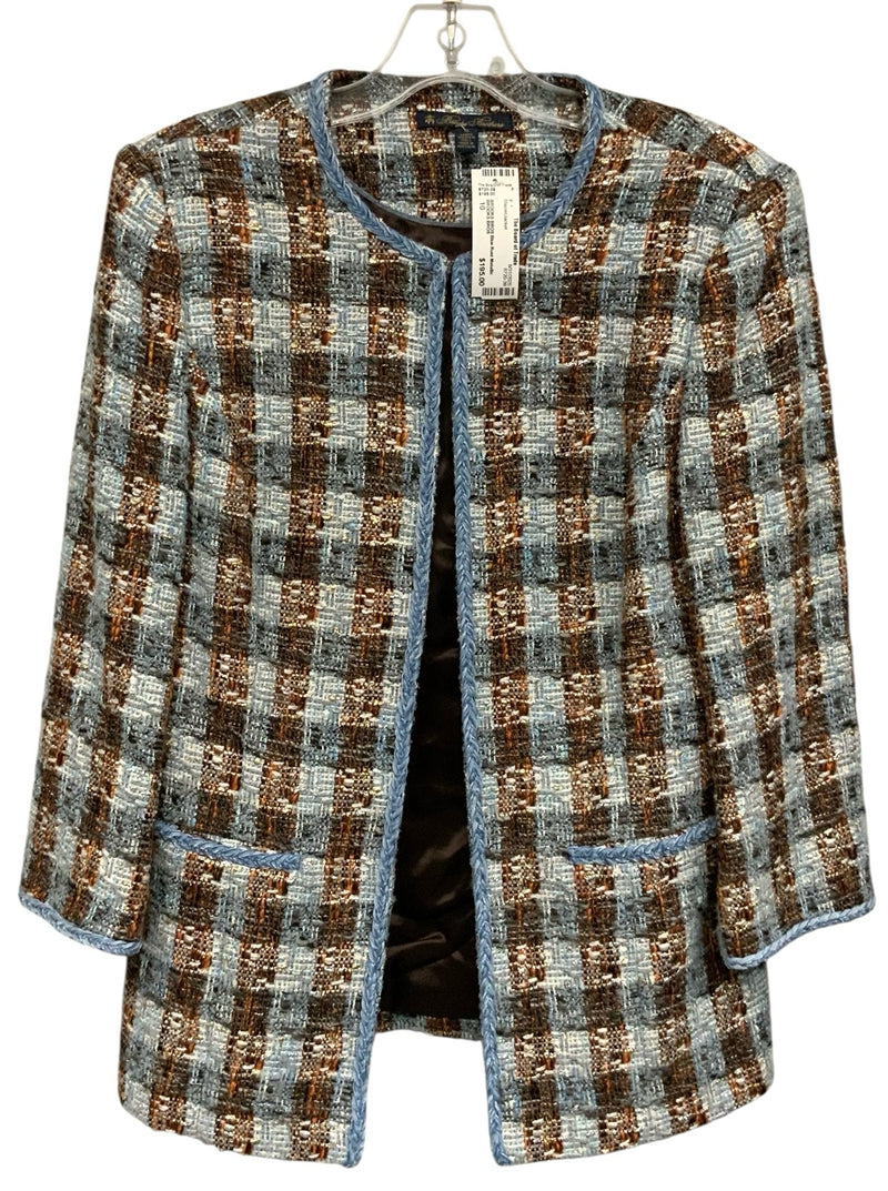 BROOKS BROS Blue Rust Metallic Tweed Windowpane 3/4 Slv Jacket