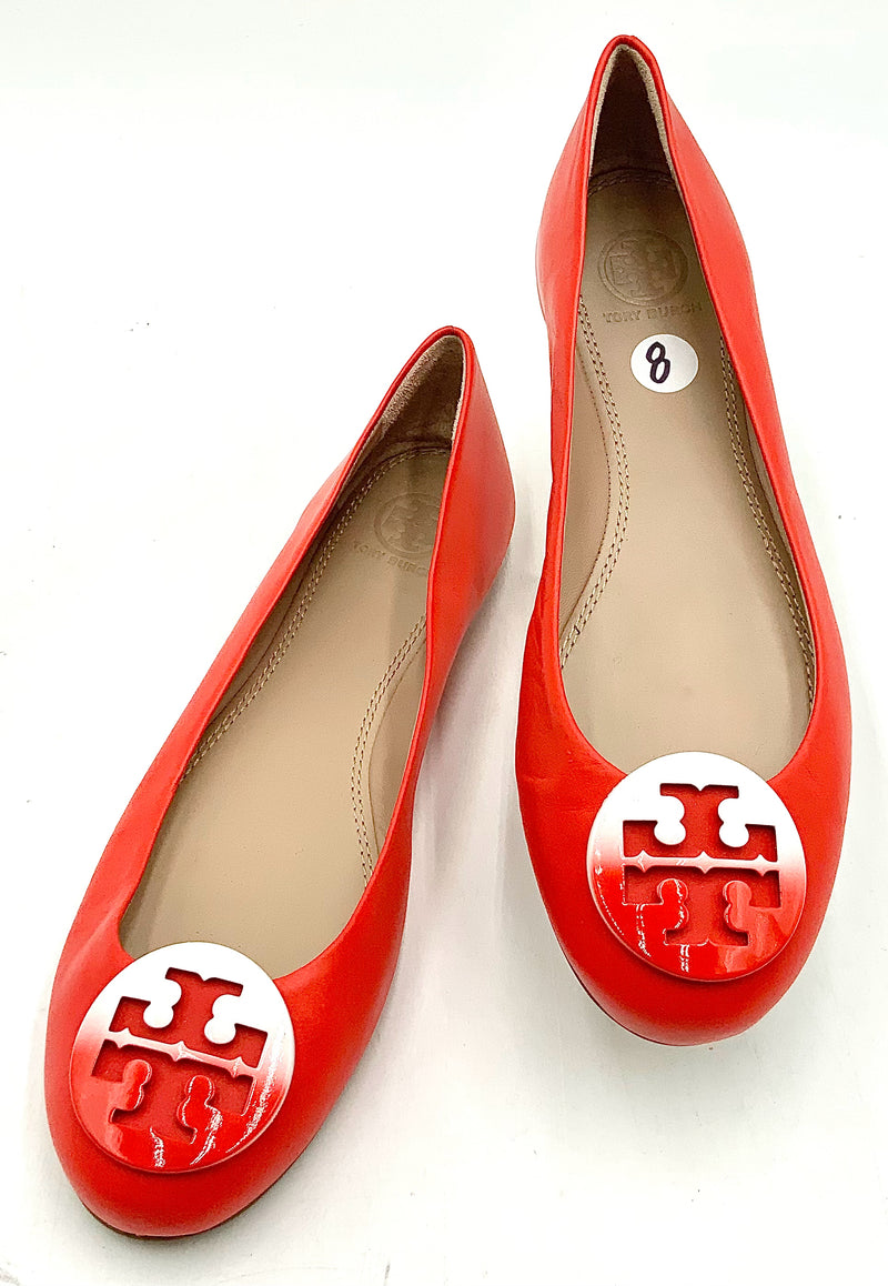 TORY BURCH Red Leather White Red Ombre Logo Flats 8M
