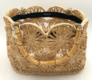 PETER BEATON Natural Woven Raffia Floral Cutout Bamboo Handle Bag