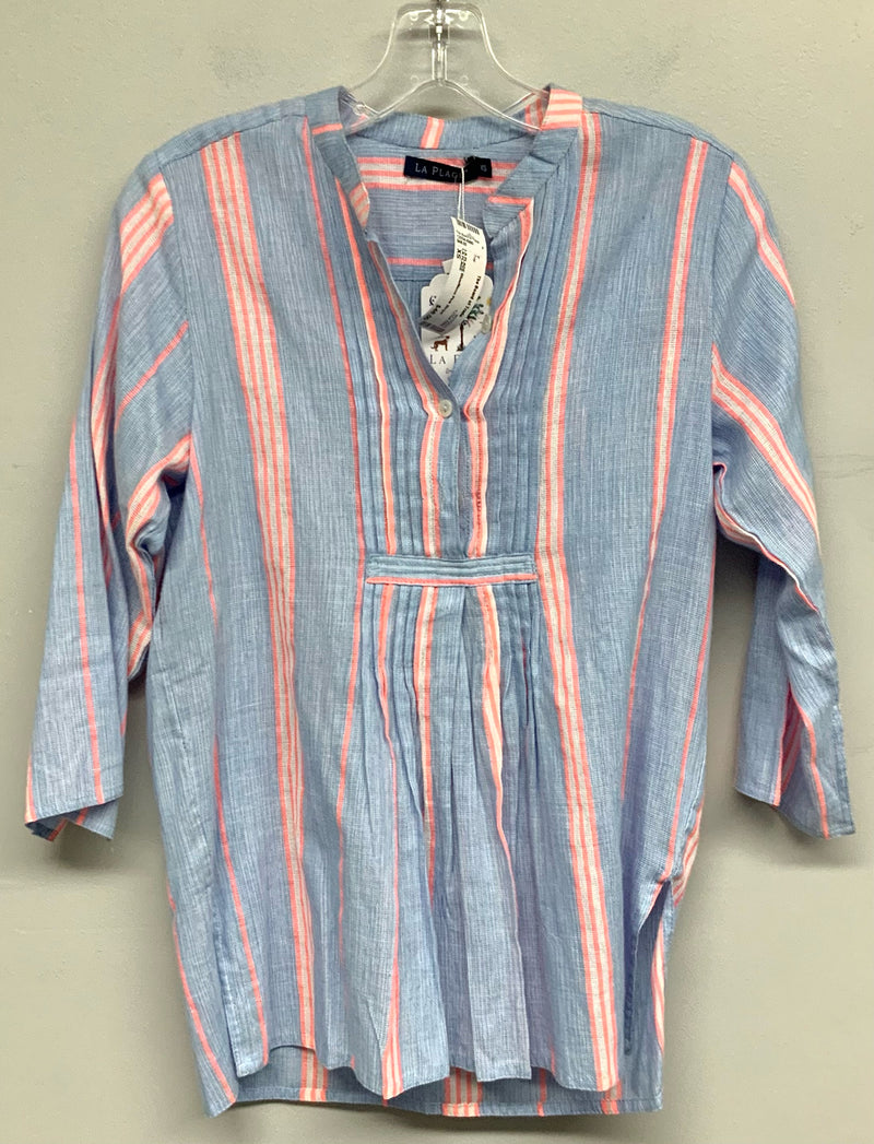 LA PLAGE Blue/Neon Pink Stripe Pleated Front 3/4 Sleeve Top