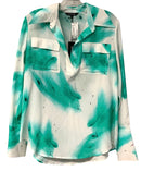 CATHERINE GEE Green/White Split Neck L/S Top