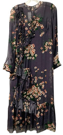 ROCHAS Midnight/Peach/Green Floral Sheer Overlay w/Ruffle Detail L/S Silk Dress