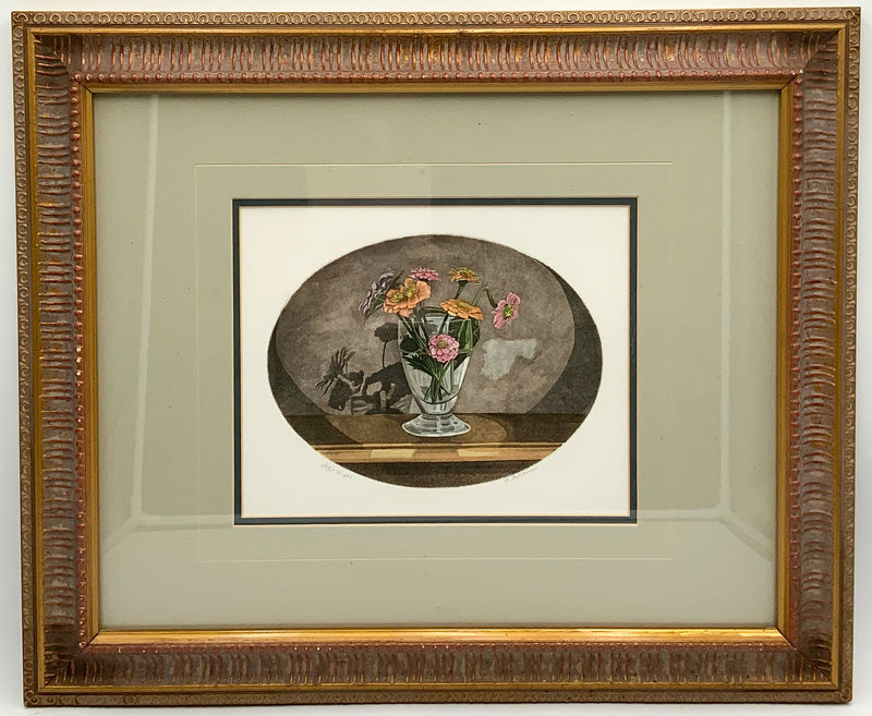 Etching of Flowers in Vase with Gold Frame