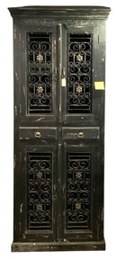 Wrought Iron Inset Black Distressed Wooden Cabinet