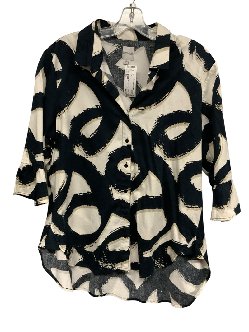 NIC + ZOE Black/Cream/Tan Bell Sleeve B/D Top