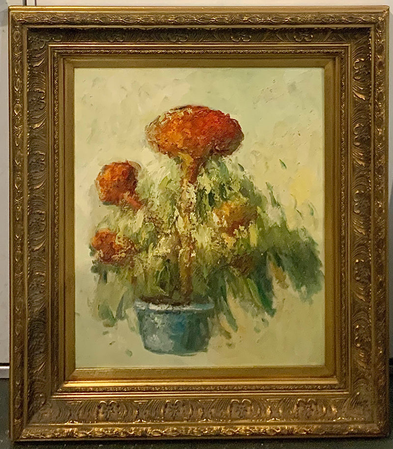 Abstract Oil on Canvas of Red Flowers in Vase