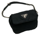 PRADA Vintage Black Tessuto Nylon Silvertone Chain and Leather Belt Bag