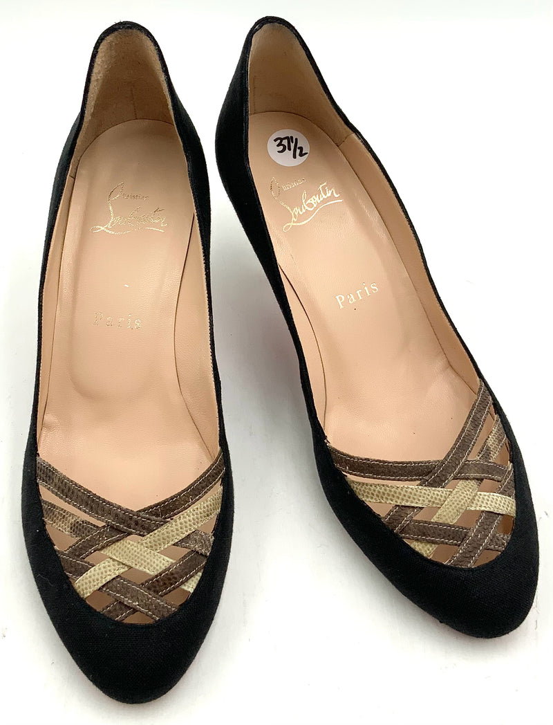 CHRISTIAN LOUBOUTIN Black Coated Fabric Reptile Cross Cross Pumps 37.5