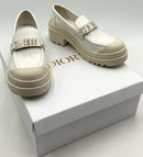 Christian Dior White Brushed Calfskin Enamel Nampelate Code Loafers 37.5