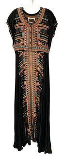BIYA JOHNNY WAS Black w/Orange/Aqua Embroid "Effy Challis"  S/S Maxi Dress