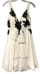 NINA CANACCI Ivory Silk Black Lace Beaded S/L Bubble Hem Dress