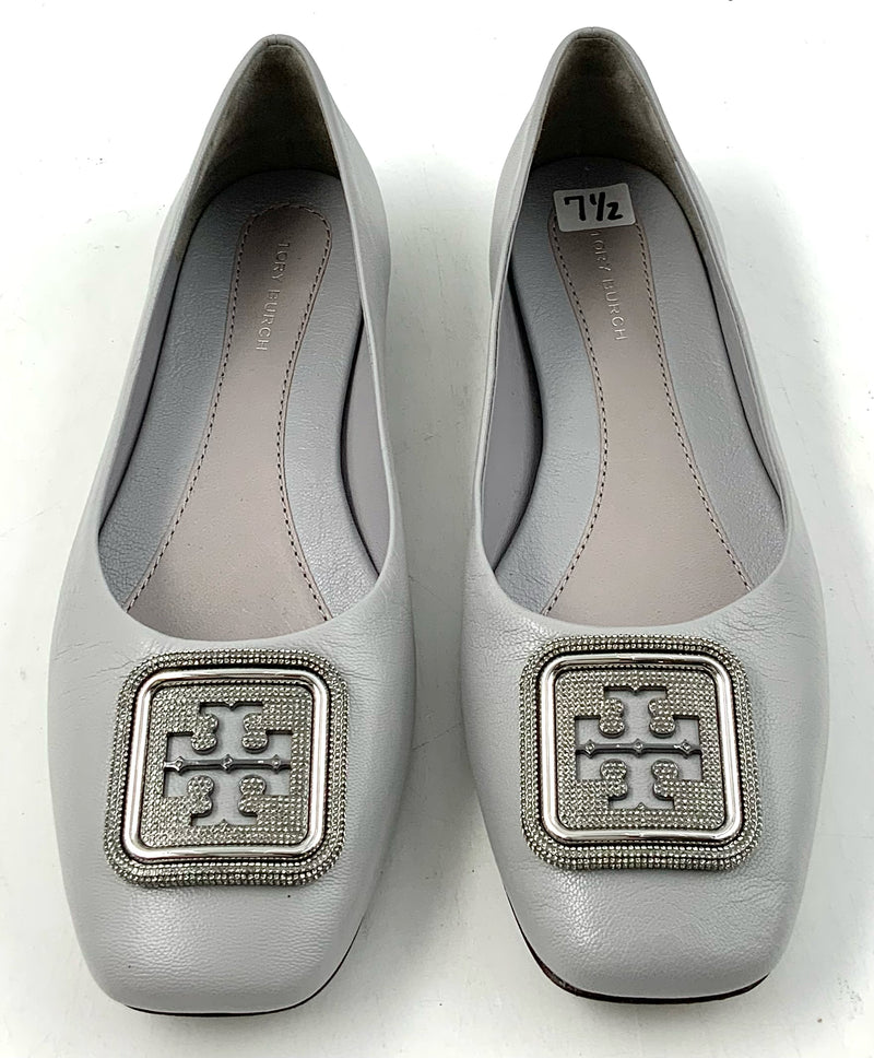 TORY BURCH Light Grey Leather Georgia Square Toe Flats 7.5