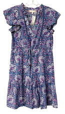 JUDE CONNALLY Blue Purple White Floral Cotton Tie Waist Flutter Slv Dress