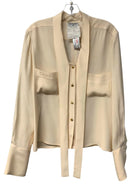 CHANEL Boutique Vintage Ivory Silk Script Pocket Clover Button Tie Front  Blouse
