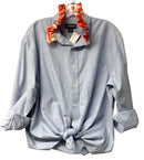 Light Blue w/ Orange/Ivory Ruffle Collar Upcycled Button Down L/S Blouse