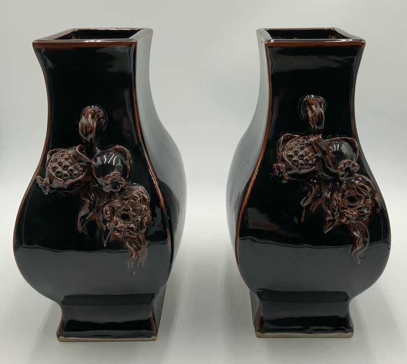 Pair of Black/Brown Glaze Ceramic Vases with Pomegranate Handles