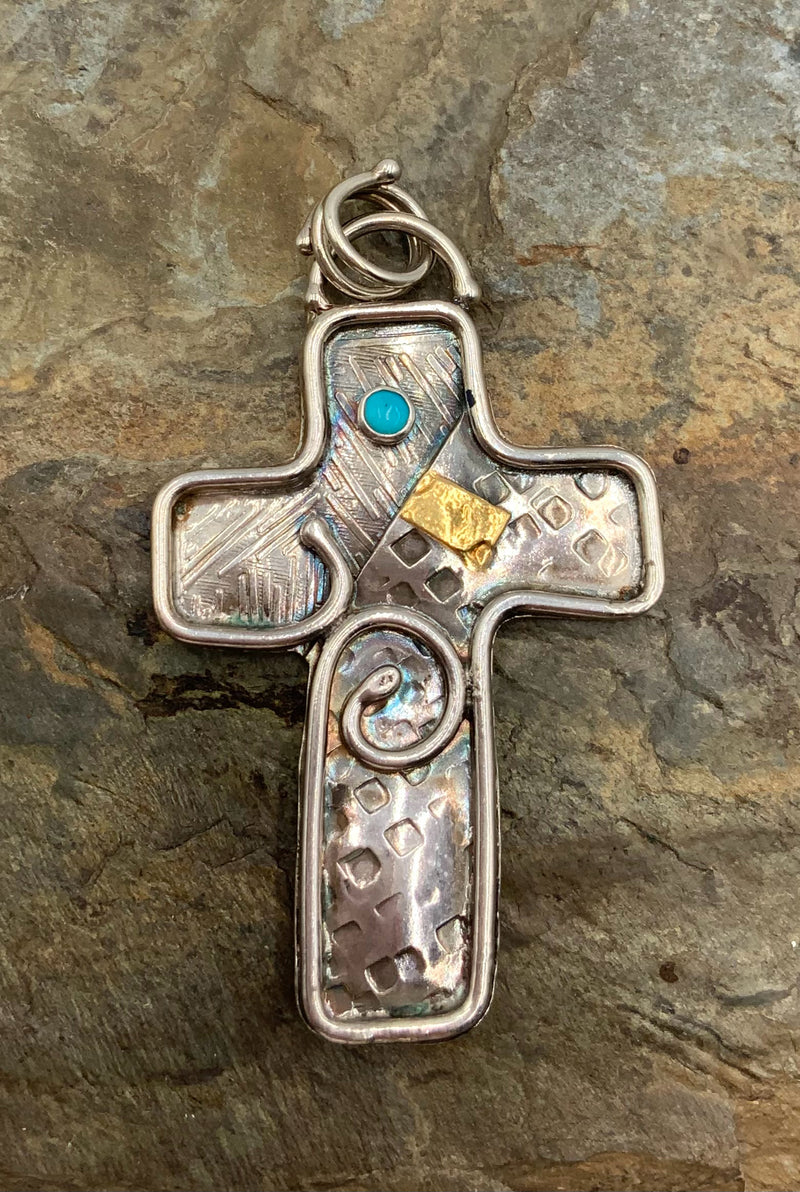 JUDIE RAIFORD Sterling, Turquoise & Topaz Reversible Cross Pendant