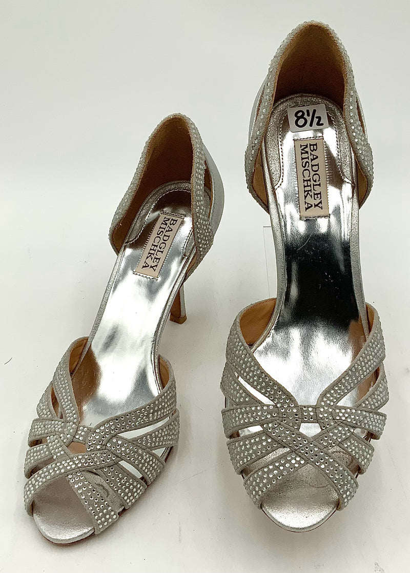 BADGLEY MISCHKA Silver Leather Crystal D'Orsay Open Toe Heels 8.5