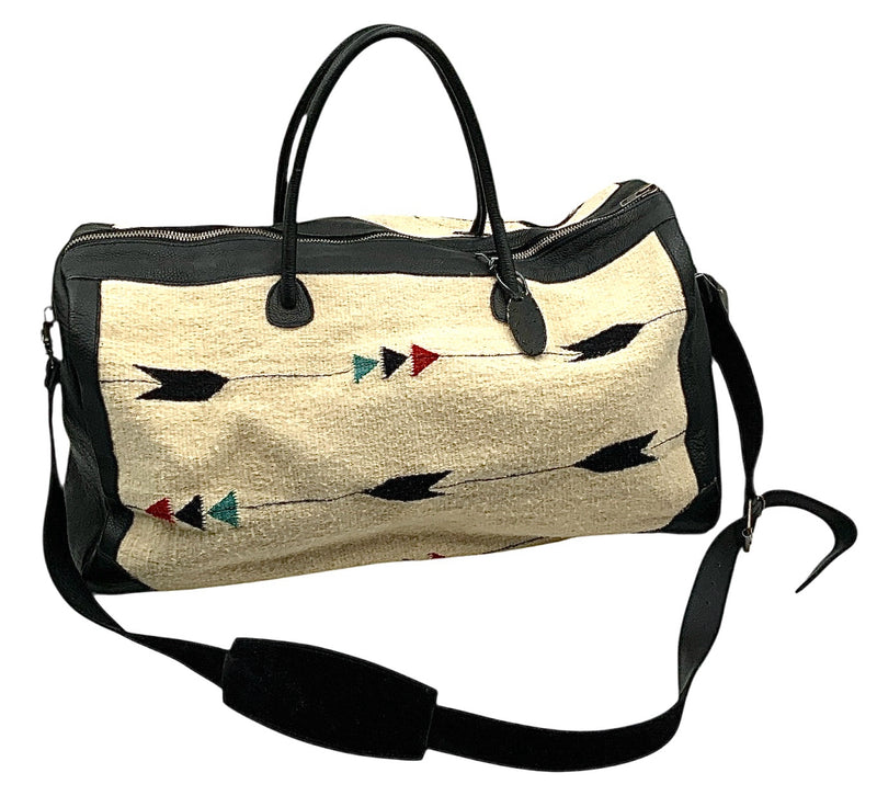 MZ Made in Oaxaca Mexico Black Lea/Cream Wool Arrow Design Duffel Bag