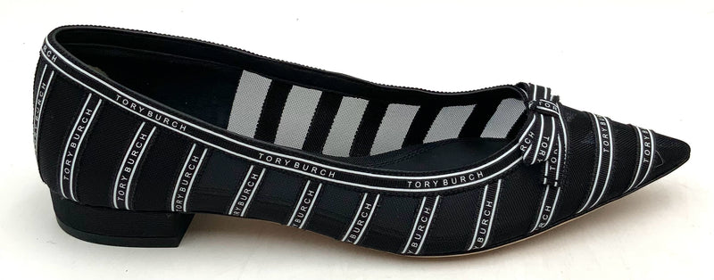 TORY BURCH Black Mesh Logo Ribbon Pointed Flats 9.5