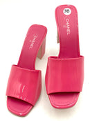 CHANEL Lipstick Pink Patent Leather Blush CC Heeled Sandals 38