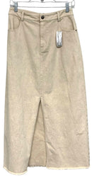 MYSTREE Oatmeal Stretch Denim w/High Front Slit Raw Hem Mid-Calf Skirt