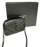 YSL Black Quilted Leather College Logo Flap Top Handle Chain Strap Bag