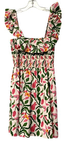 TAYLOR TILMAN Cream/Pink/Green Floral w/Smocked Bodice & Ruffle Trim Dress