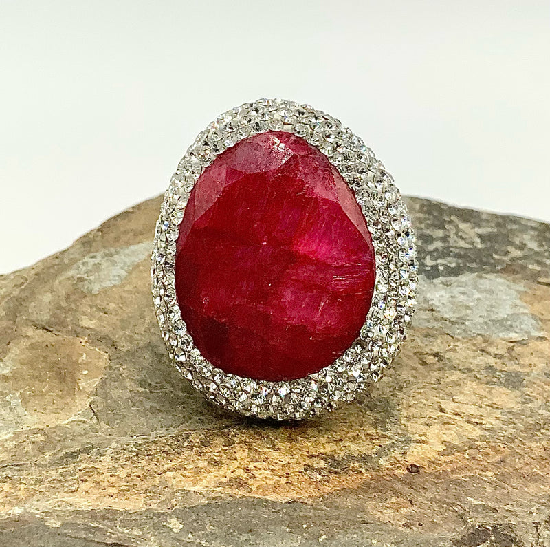 Sterling, Ruby & Pave Crystal Ring