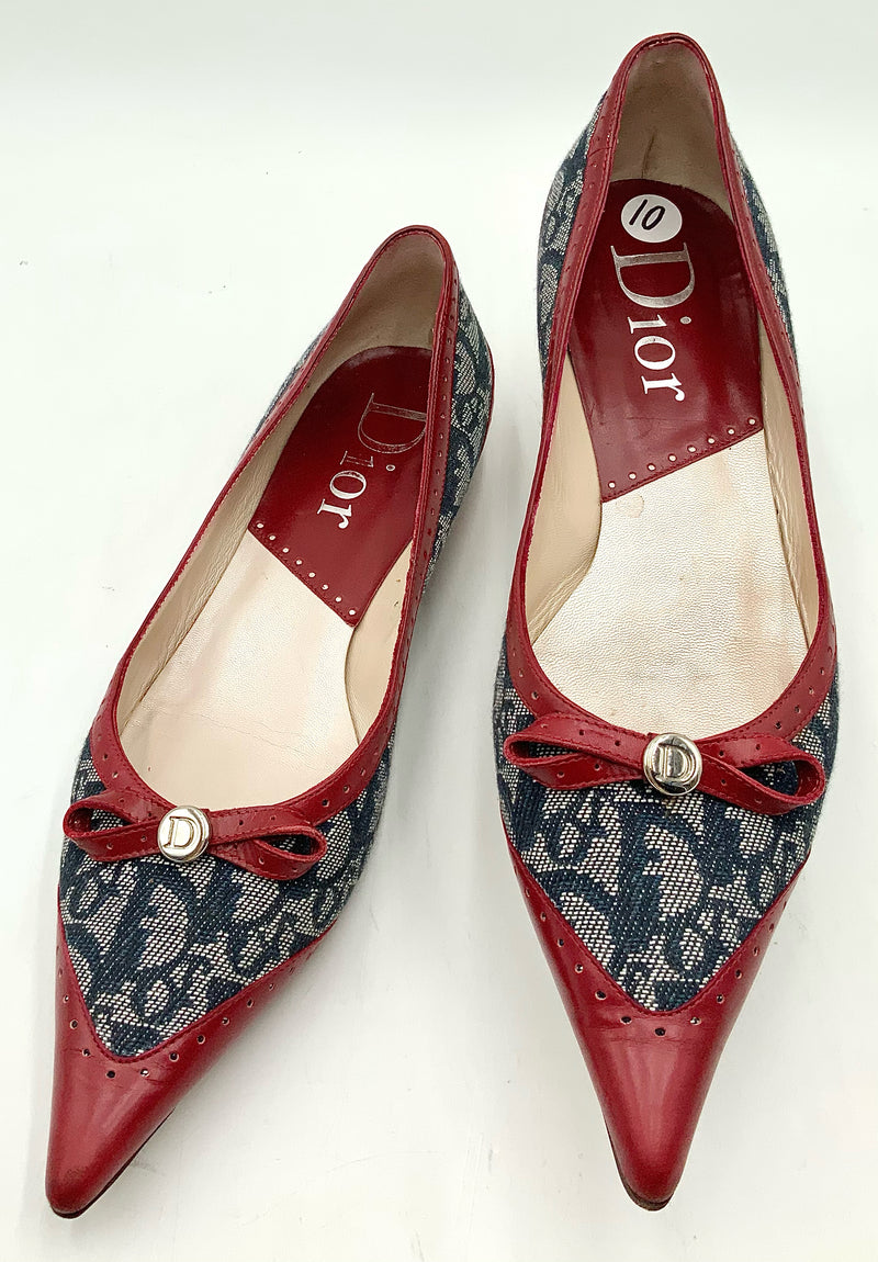 DIOR Navy Diorissimo Monogram Red Lea Pointed Toe Flats 10
