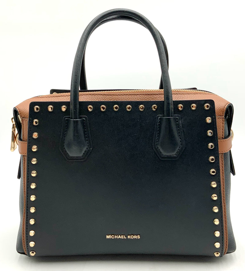 MICHAEL KORS Black Tan Belted Leather Goldtone Studded Mercer Satchel