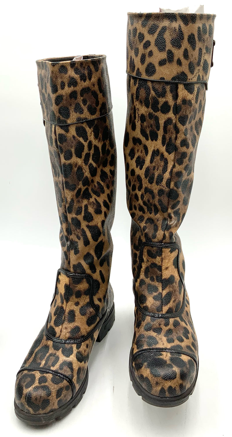 DOLCE & GABBANA Leopard Leather Black Patent Knee High Boots 38.5
