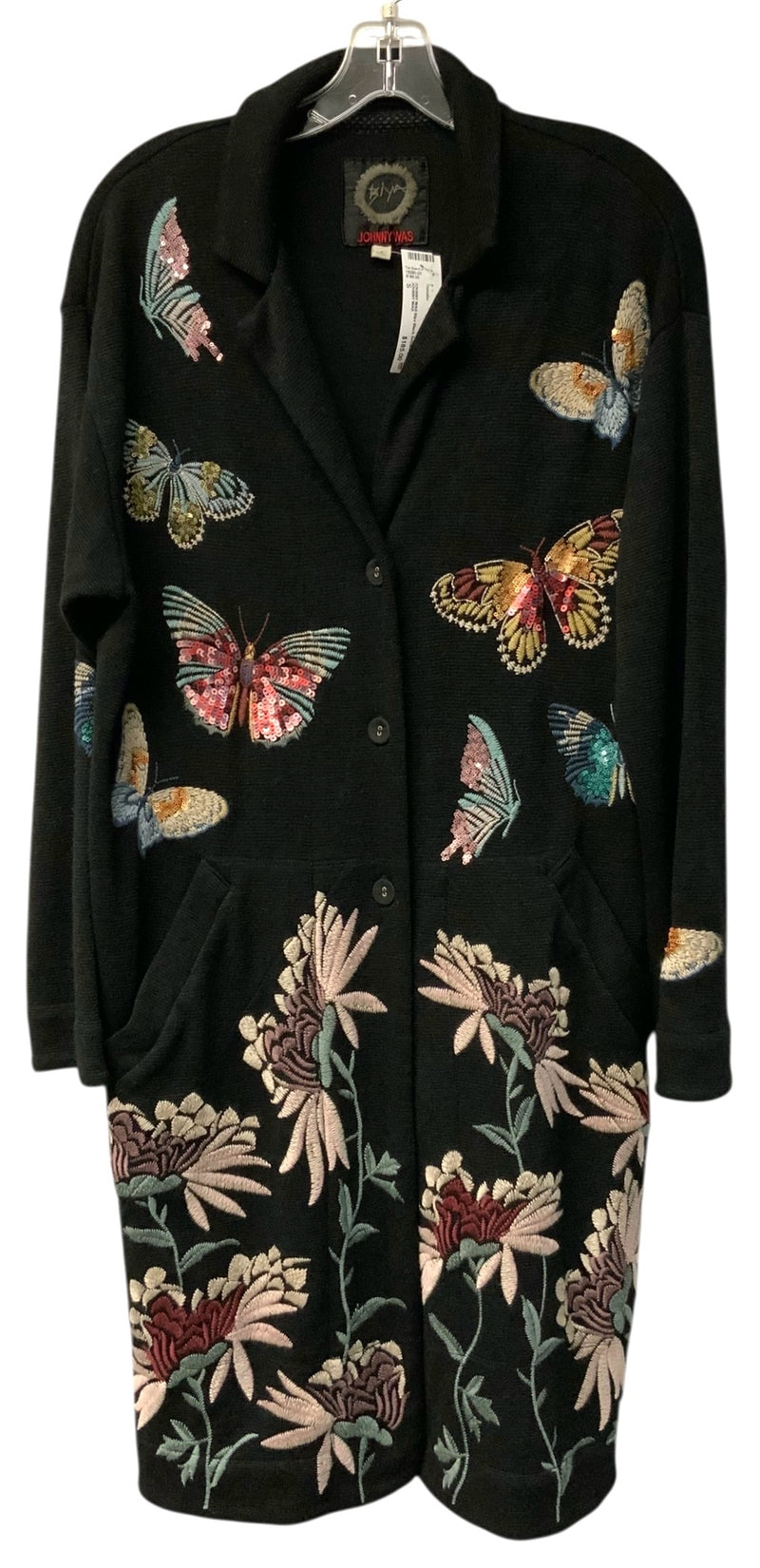 JOHNNY WAS Biya Black Sequined Butterfly & Floral Duster