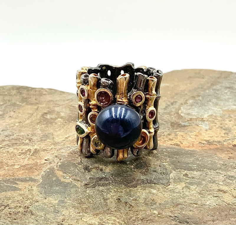 Sterling, Pearl, Multi-Gem Bamboo Motif Ring