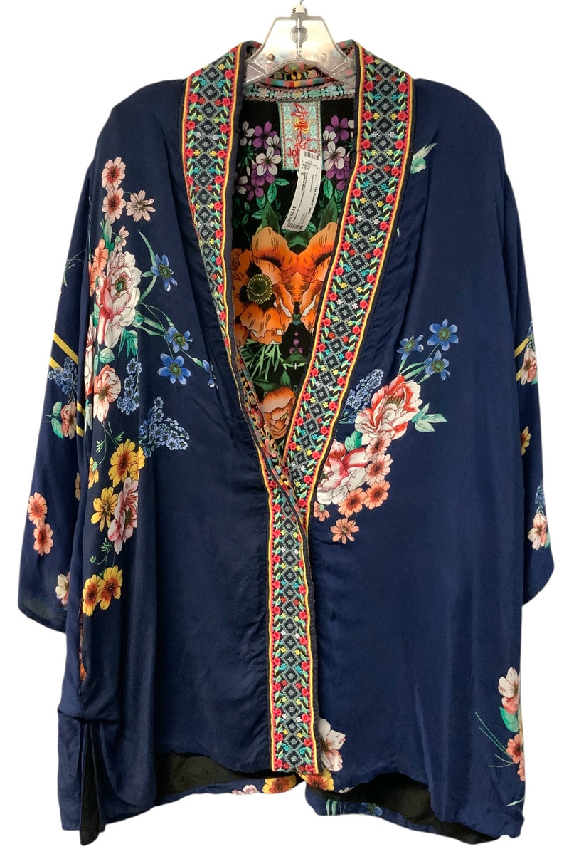 JOHNNY WAS Navy Floral w/Embroid Trim Reversible "Maci" Kimono Jacket