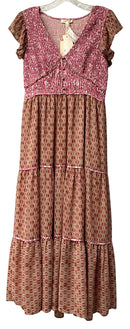 MYSTREE Raspberry/Green Floral w/Smocked Bodice Flutter Sleeve Tiered Maxi Dress