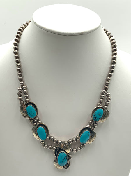 Vintage Navajo Sterling Bisbee Turquoise Station Necklace