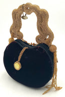 MARY FRANCES Black Velvet Gold Seed Beaded Floral Fringe Ornate Handle Bag