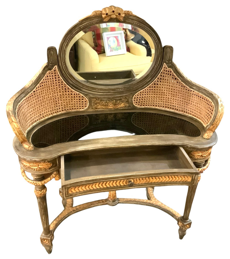 Gilt Wood Cane Vanity with Mirror