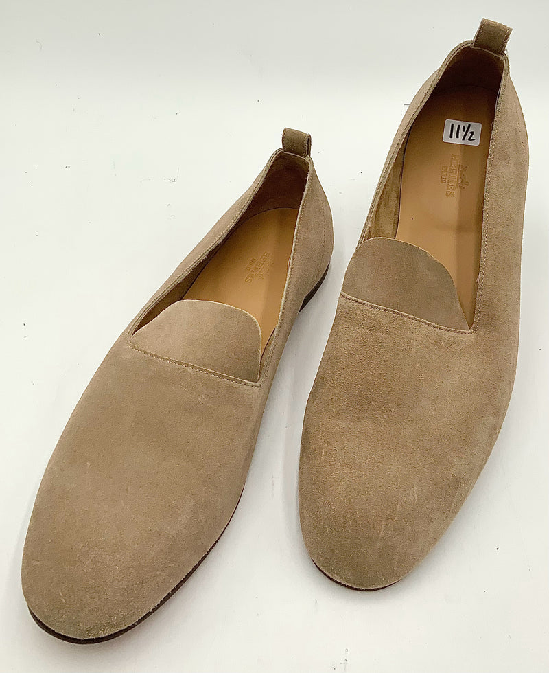 HERMES Tan Suede Slip On Loafers 11.5