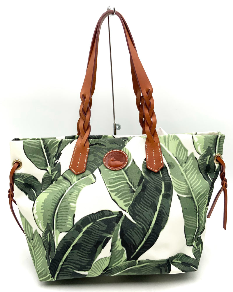 Dooney & Bourke Brown Leather Nylon Banana Leaf Printed Tote Bag