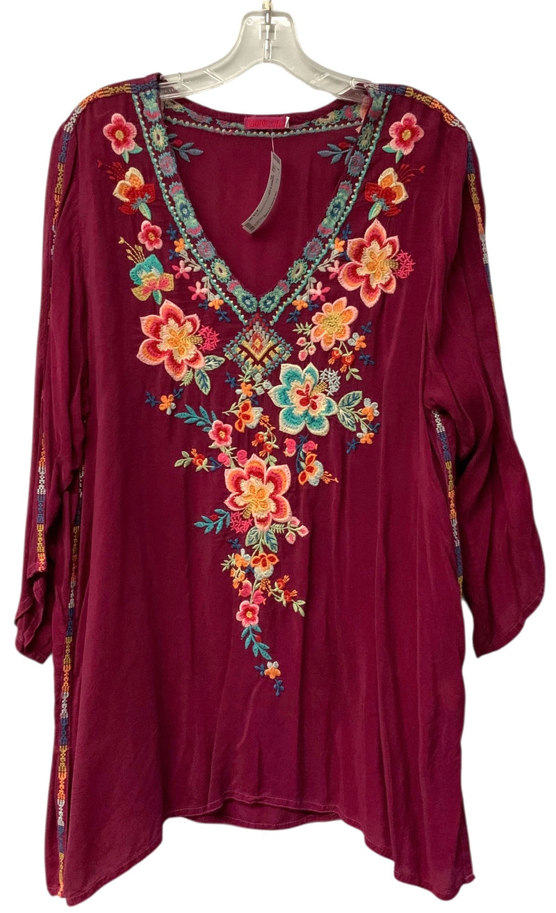 JOHNNY WAS Raspberry w/Multi Floral Embroid V-Neck L/S "Roma" Tunic