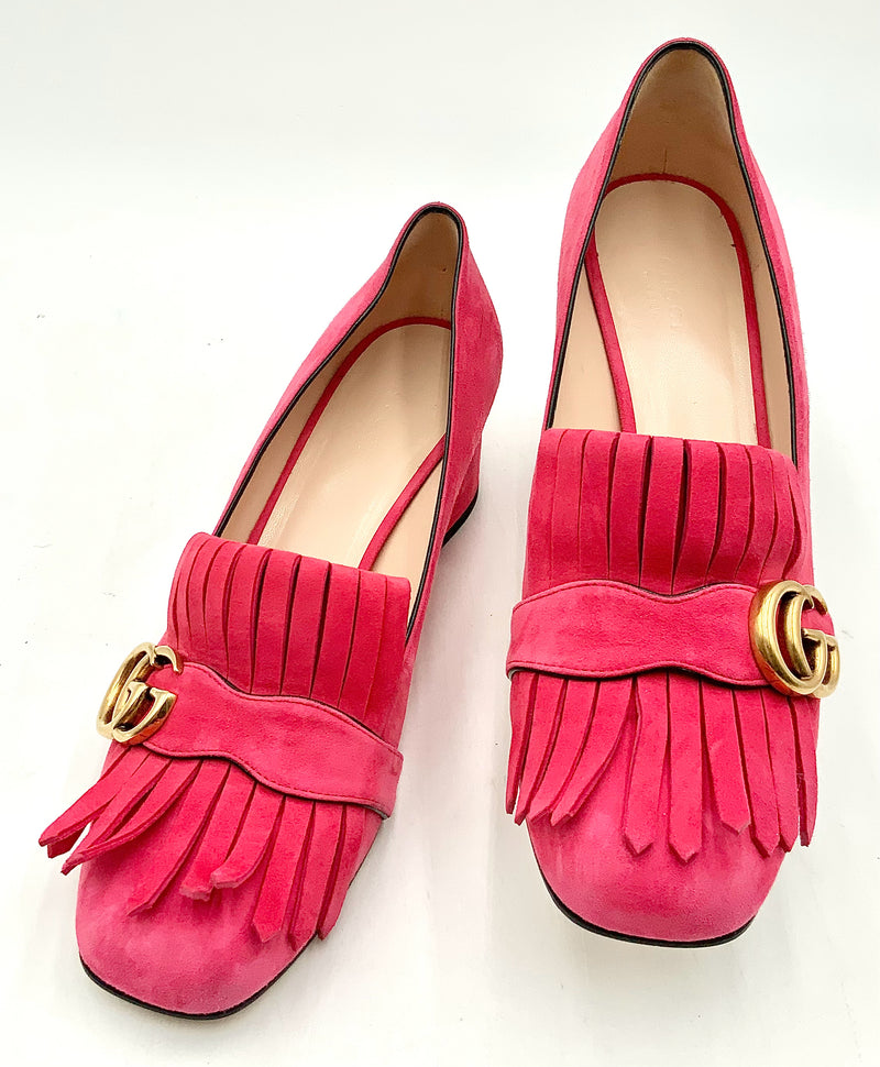 GUCCI Hot Pink Suede Scamosciato Fringe Marmont Pumps 9